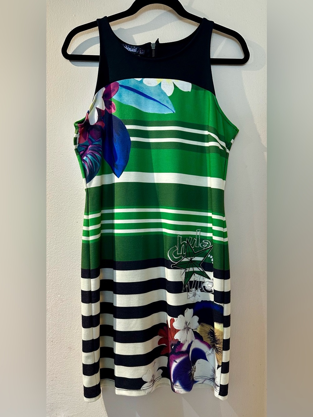Desigual Teruelin Chula Life Green/Blk/Wht Striped Floral Sleeveless Dress Sz L